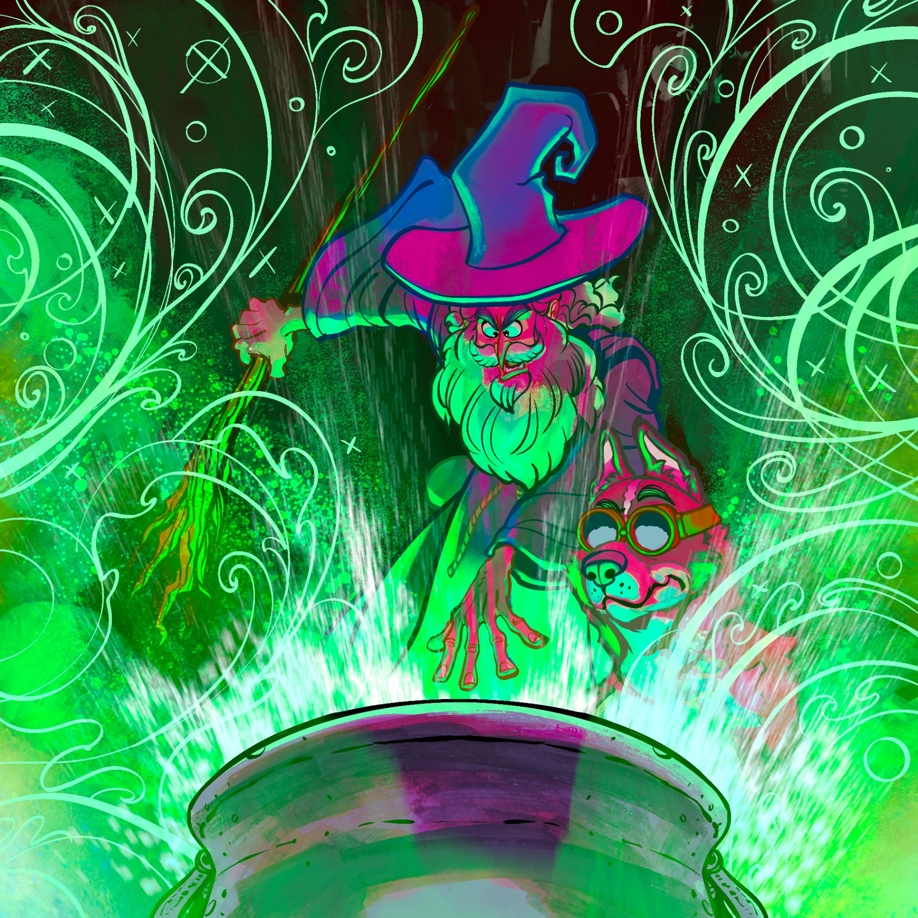 Wise & Wacky Wizards — wizard and familiar over cauldron